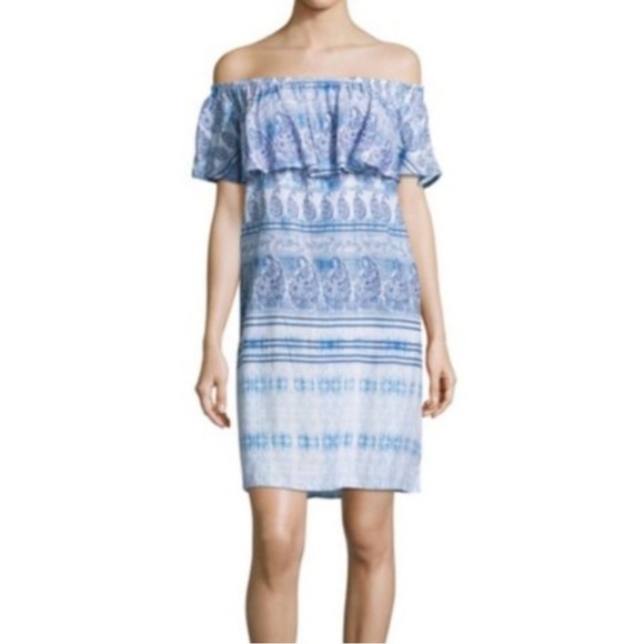 Beachlunchlounge Blue and White Off the Shoulder Mini Dress Size S - Picture 1 of 11